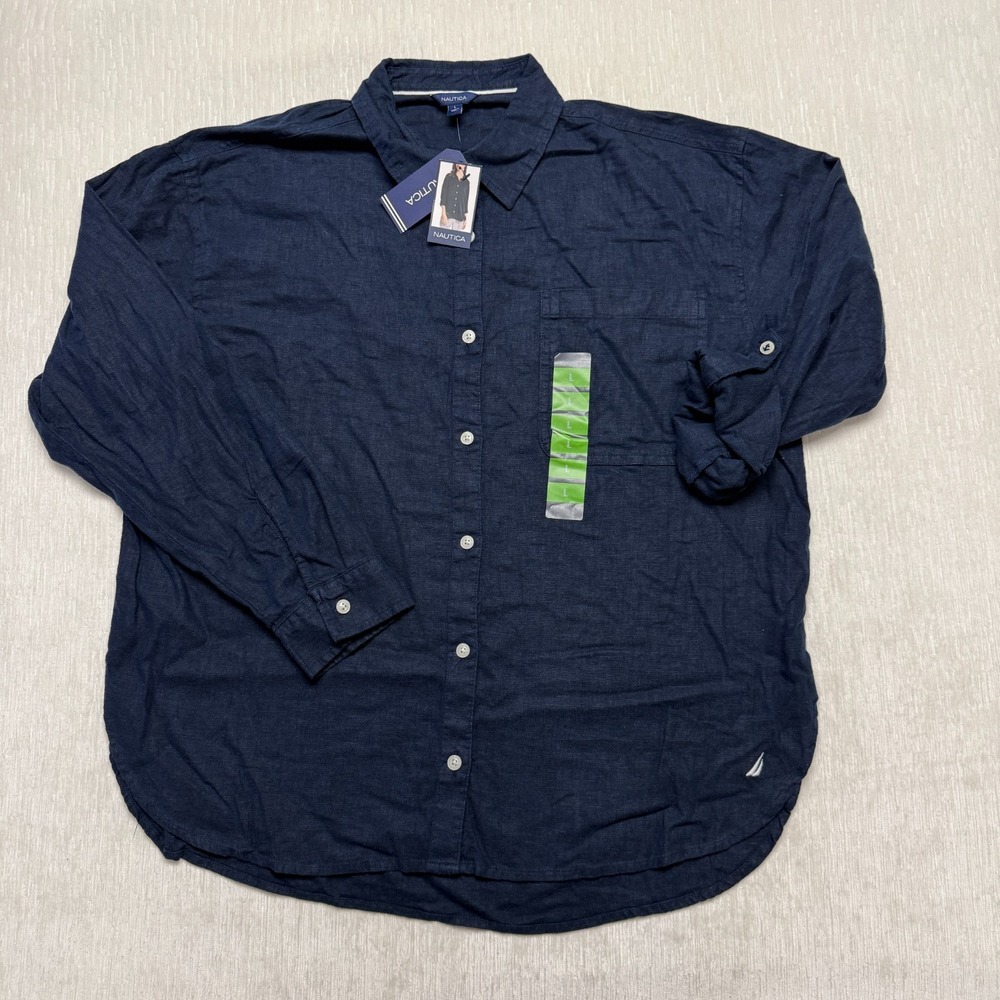 Nautica Linen Blend Button Up Shirt Womens Large Navy Seas Logo Roll Tab Sleeves